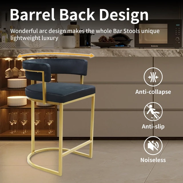 Alt view image 5 of 7 - Set of 3 Black Modern Velvet Bar Stools with Barrel Backrest, Upholstered Seat, and Gold Metal Footrest 25.6-Inch Seat Height, Ideal for Counters, Home Bars, and Kitchen Islands