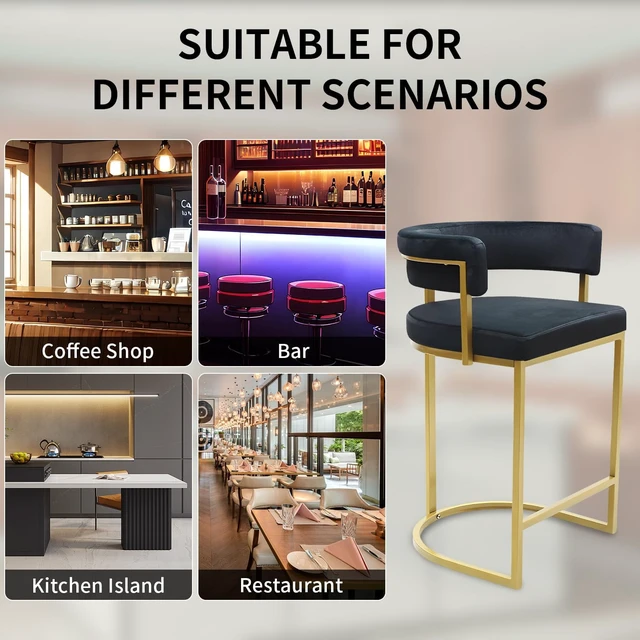 Alt view image 6 of 7 - Set of 3 Black Modern Velvet Bar Stools with Barrel Backrest, Upholstered Seat, and Gold Metal Footrest 25.6-Inch Seat Height, Ideal for Counters, Home Bars, and Kitchen Islands