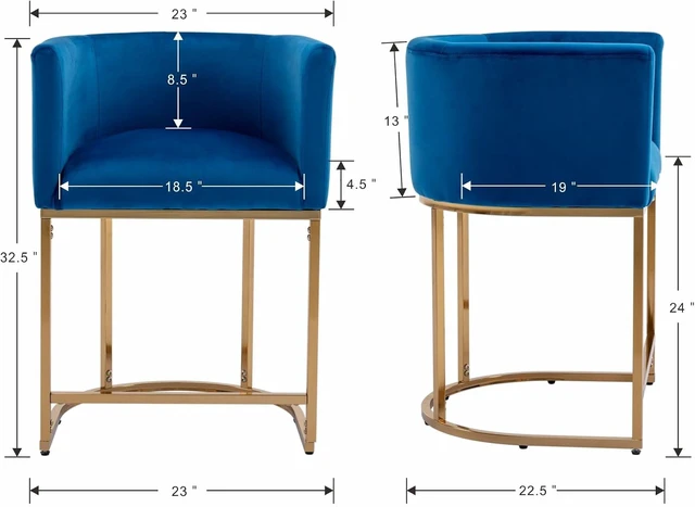 Alt view image 2 of 7 - Contemporary Blue Velvet Bar Stools Set of 2, 24" Upholstered Fabric Counter Height Barstools Kitchen Counter Island Stools with Screwed Together Golden Metal Base