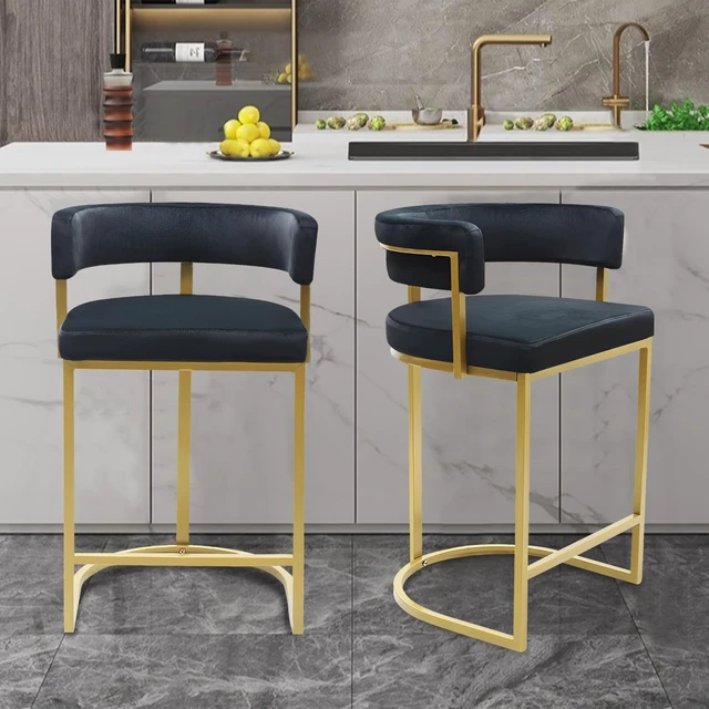 Alt view image 7 of 7 - Set of 3 Black Modern Velvet Bar Stools with Barrel Backrest, Upholstered Seat, and Gold Metal Footrest 25.6-Inch Seat Height, Ideal for Counters, Home Bars, and Kitchen Islands