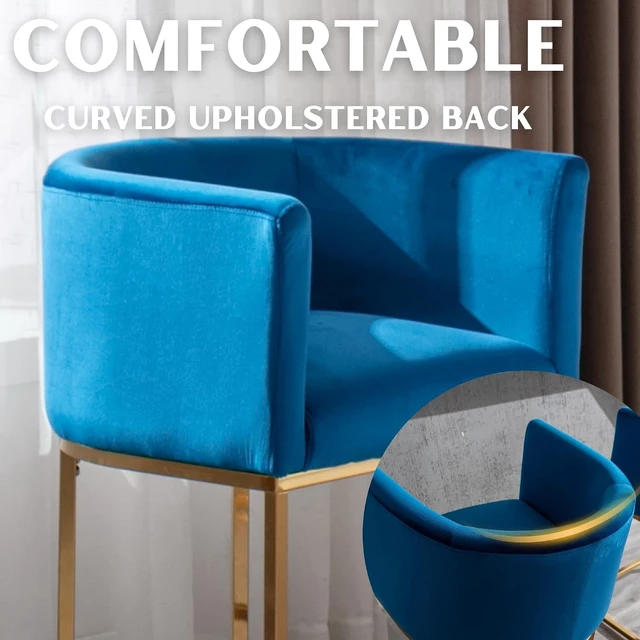 Alt view image 3 of 7 - Contemporary Blue Velvet Bar Stools Set of 2, 24" Upholstered Fabric Counter Height Barstools Kitchen Counter Island Stools with Screwed Together Golden Metal Base