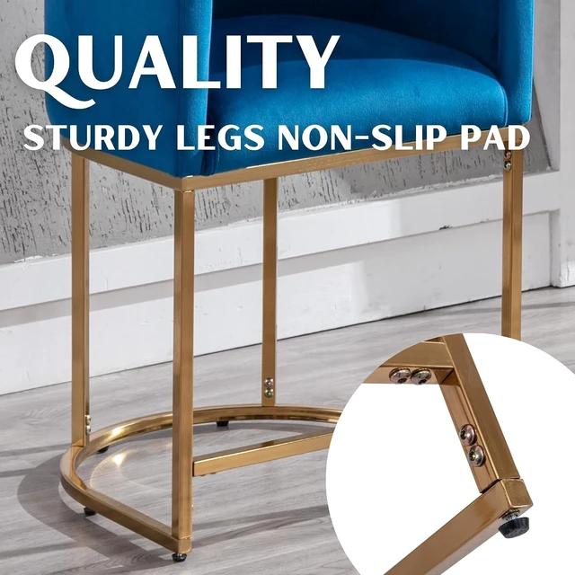 Alt view image 5 of 7 - Contemporary Blue Velvet Bar Stools Set of 2, 24" Upholstered Fabric Counter Height Barstools Kitchen Counter Island Stools with Screwed Together Golden Metal Base