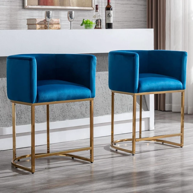 Alt view image 7 of 7 - Contemporary Blue Velvet Bar Stools Set of 2, 24" Upholstered Fabric Counter Height Barstools Kitchen Counter Island Stools with Screwed Together Golden Metal Base