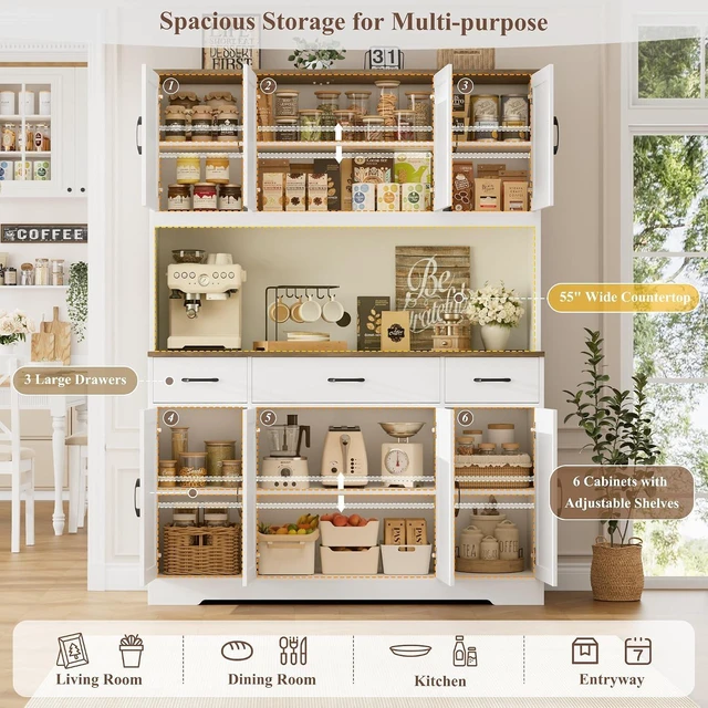 Alt view image 4 of 7 - 71" Tall Kitchen Pantry Storage Cabinet, 55" W Kitchen Hutch, White
