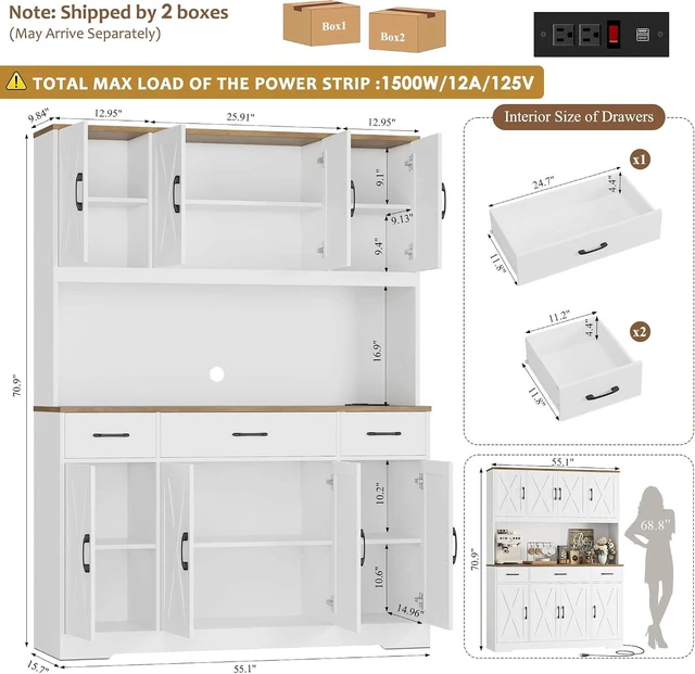 Alt view image 7 of 7 - 71" Tall Kitchen Pantry Storage Cabinet, 55" W Kitchen Hutch, White