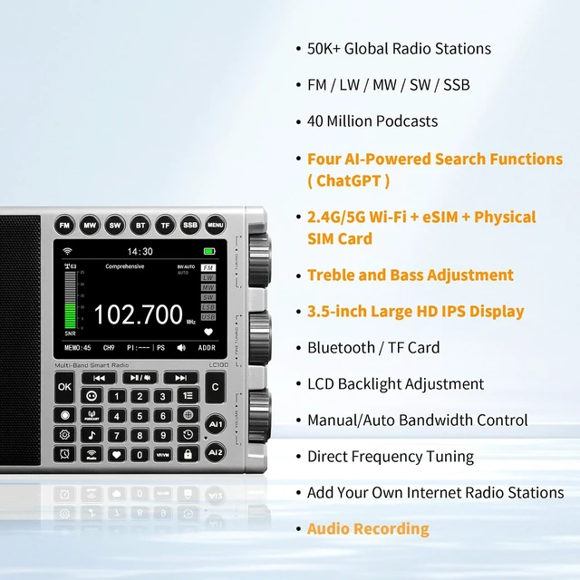 Alt view image 3 of 7 - LC100 Multi-Band Smart Internet Radio,WiFi/4G,AM/FM/MW/SW (Silver)