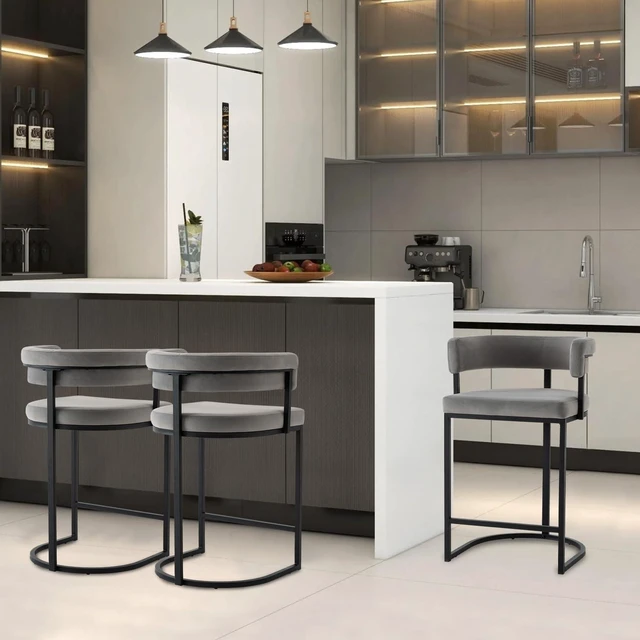 Main image of Set of 3 Grey Modern Velvet Bar Stools with Barrel Backrest, Upholstered Seat, and Gold Metal Footrest 25.6-Inch Seat Height, Ideal for Counters, Home Bars, and Kitchen Islands