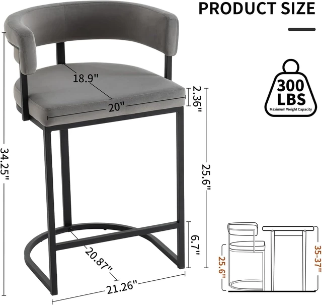 Alt view image 2 of 7 - Set of 3 Grey Modern Velvet Bar Stools with Barrel Backrest, Upholstered Seat, and Gold Metal Footrest 25.6-Inch Seat Height, Ideal for Counters, Home Bars, and Kitchen Islands