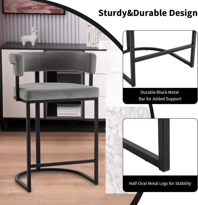 Alt view image 3 of 7 - Set of 3 Grey Modern Velvet Bar Stools with Barrel Backrest, Upholstered Seat, and Gold Metal Footrest 25.6-Inch Seat Height, Ideal for Counters, Home Bars, and Kitchen Islands