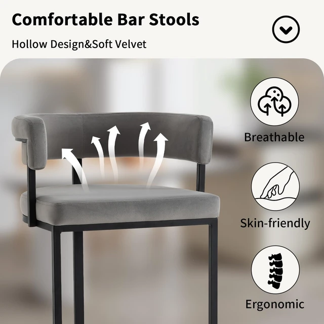 Alt view image 4 of 7 - Set of 3 Grey Modern Velvet Bar Stools with Barrel Backrest, Upholstered Seat, and Gold Metal Footrest 25.6-Inch Seat Height, Ideal for Counters, Home Bars, and Kitchen Islands