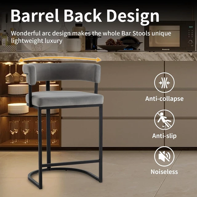 Alt view image 5 of 7 - Set of 3 Grey Modern Velvet Bar Stools with Barrel Backrest, Upholstered Seat, and Gold Metal Footrest 25.6-Inch Seat Height, Ideal for Counters, Home Bars, and Kitchen Islands