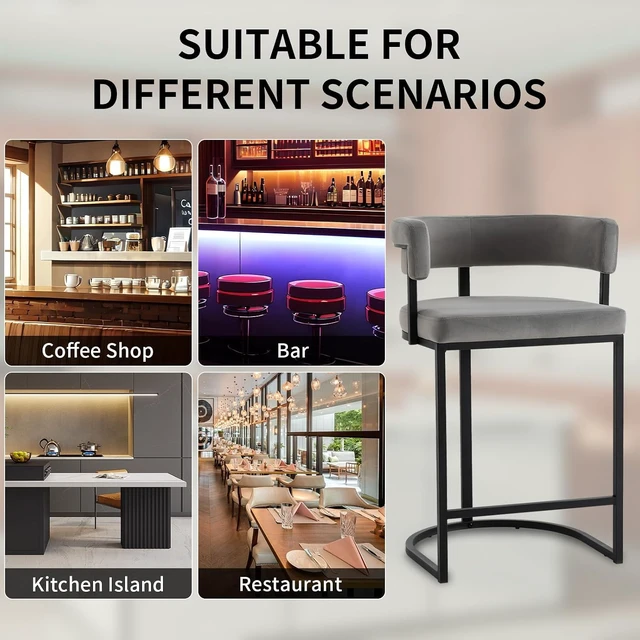 Alt view image 6 of 7 - Set of 3 Grey Modern Velvet Bar Stools with Barrel Backrest, Upholstered Seat, and Gold Metal Footrest 25.6-Inch Seat Height, Ideal for Counters, Home Bars, and Kitchen Islands