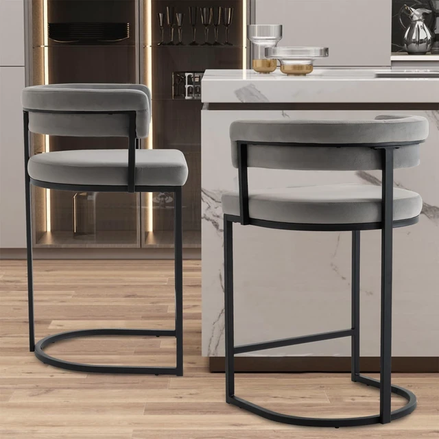 Alt view image 7 of 7 - Set of 3 Grey Modern Velvet Bar Stools with Barrel Backrest, Upholstered Seat, and Gold Metal Footrest 25.6-Inch Seat Height, Ideal for Counters, Home Bars, and Kitchen Islands