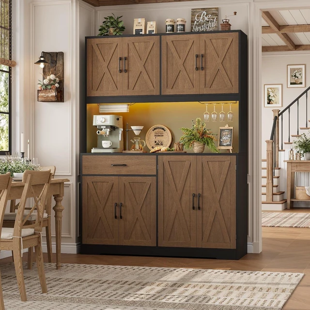 Alt view image 2 of 7 - 55" W Kitchen Pantry Storage Cabinet, 72" Hutch Cabinet, Brown