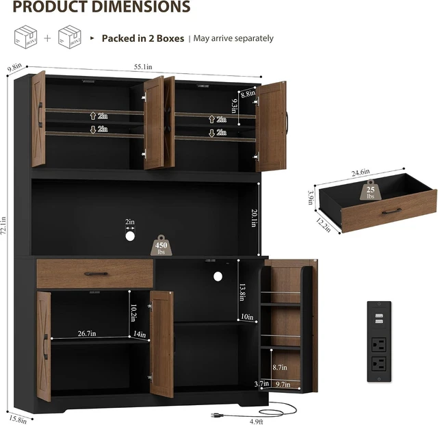 Alt view image 3 of 7 - 55" W Kitchen Pantry Storage Cabinet, 72" Hutch Cabinet, Brown