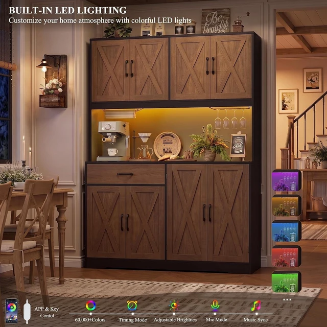 Alt view image 4 of 7 - 55" W Kitchen Pantry Storage Cabinet, 72" Hutch Cabinet, Brown