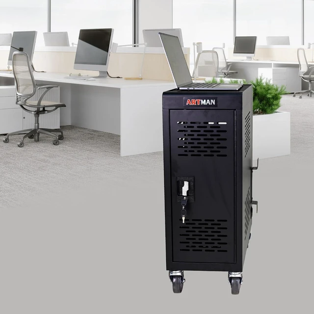 Alt view image 6 of 6 - 16-Device Mobile Charging Cart with Charging Power Strip and Front and Rear Access Locks, Cable Management, Up to 14", Safe Charging Cabinet for Chromebooks, Tablets, Laptops Black