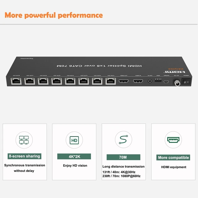 Alt view image 3 of 7 - 4K 1x8 HDMI Extender Splitter 70m/230ft HDMI Over Ethernet Splitter POC Satellite TV Splitters
