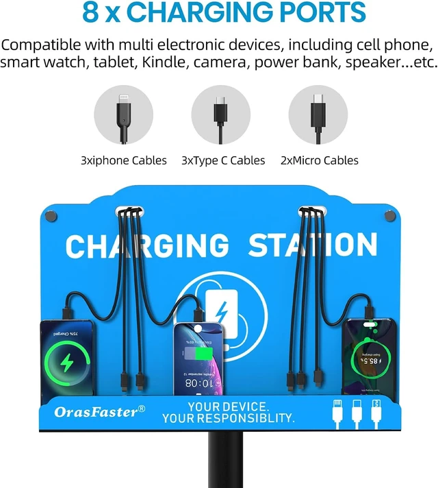 Alt view image 3 of 7 - Floor Standing Cell Phone Charging Station Multi-Device Station with 8 Charger Ports Compatible with Smartphones Tablets Application for Schools, Office, Shopping Malls