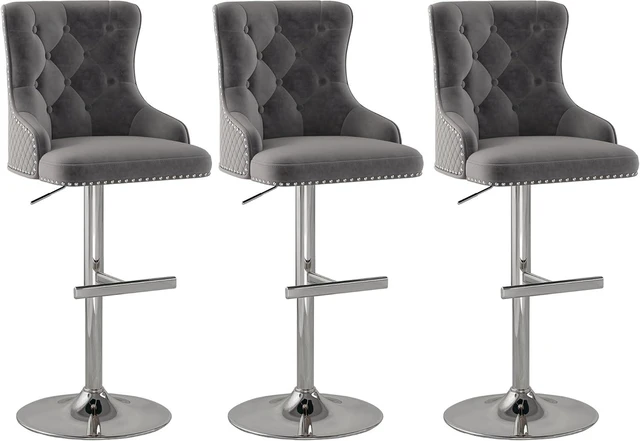 Main image of Velvet Bar Stools Set of 3, Adjustable Height, Sleek Chrome Base, Gray