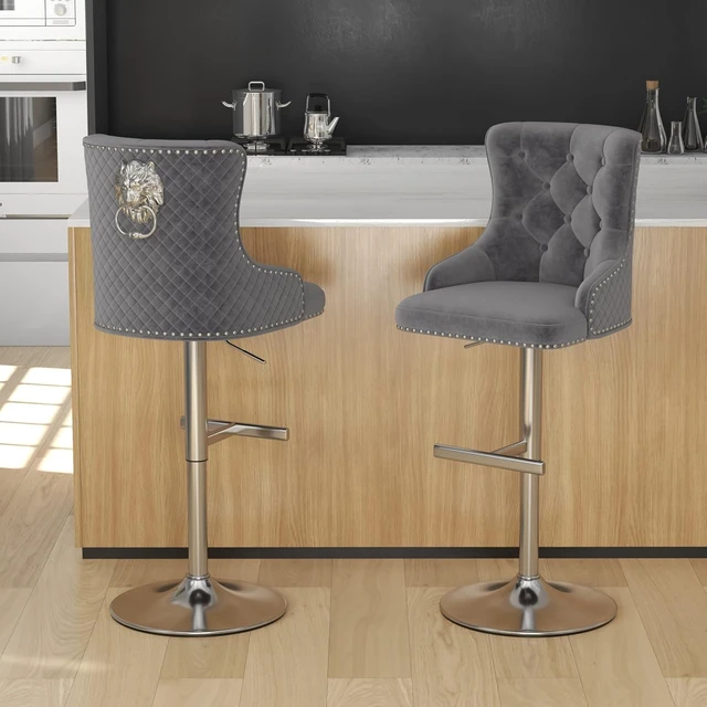 Alt view image 2 of 7 - Velvet Bar Stools Set of 3, Adjustable Height, Sleek Chrome Base, Gray