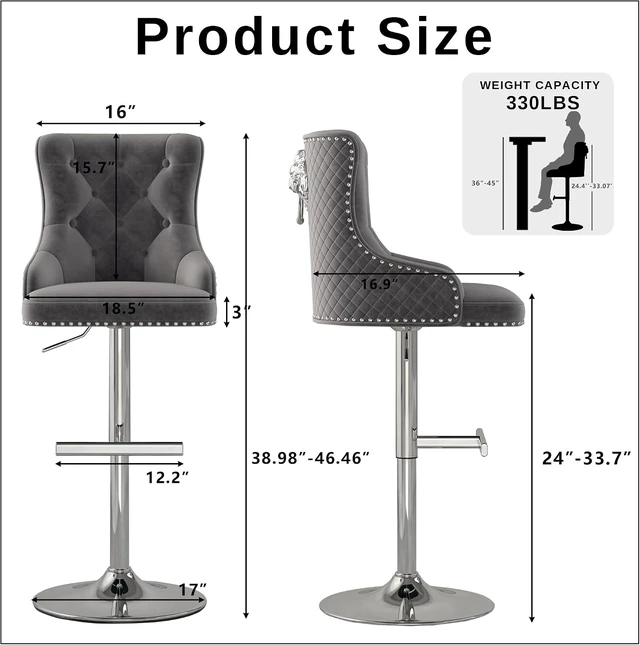 Alt view image 3 of 7 - Velvet Bar Stools Set of 3, Adjustable Height, Sleek Chrome Base, Gray