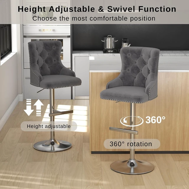 Alt view image 4 of 7 - Velvet Bar Stools Set of 3, Adjustable Height, Sleek Chrome Base, Gray