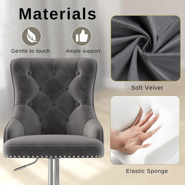 Alt view image 5 of 7 - Velvet Bar Stools Set of 3, Adjustable Height, Sleek Chrome Base, Gray