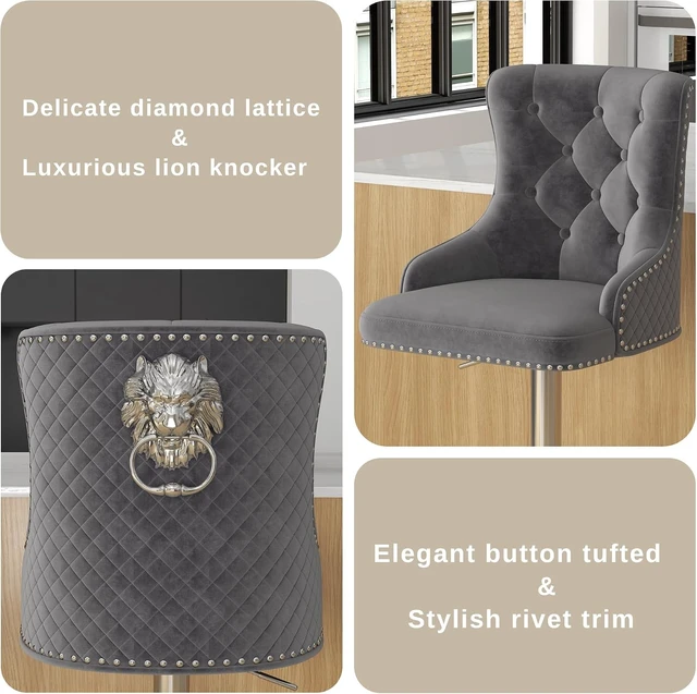 Alt view image 6 of 7 - Velvet Bar Stools Set of 3, Adjustable Height, Sleek Chrome Base, Gray