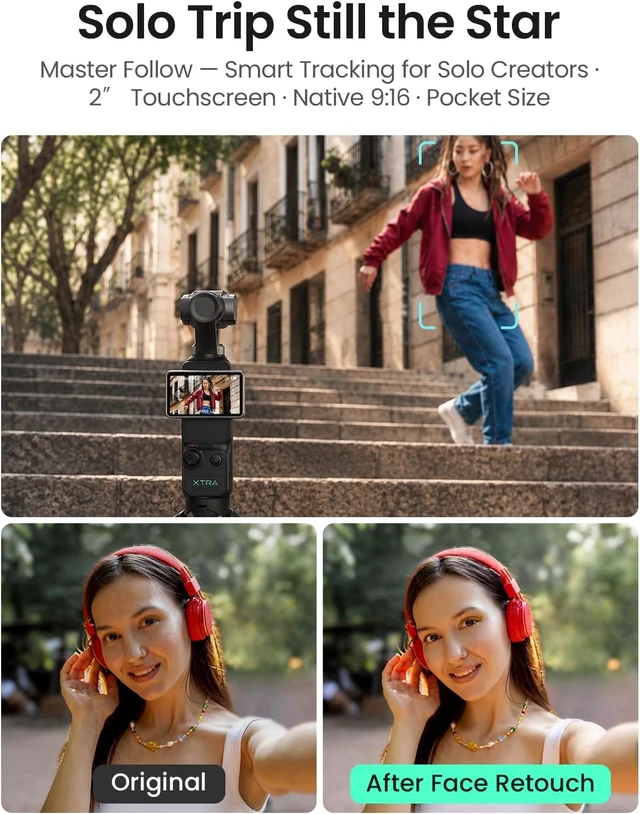 Alt view image 5 of 7 - Xtra Muse, Vlogging Camera with 1'' CMOS & 4K/120fps Videos, Pocket Camera with 3-Axis Gimbal Stabilizer, Fast Focusing, Face/Object Tracking, Digital Video Camera for Photography, Digital Camera