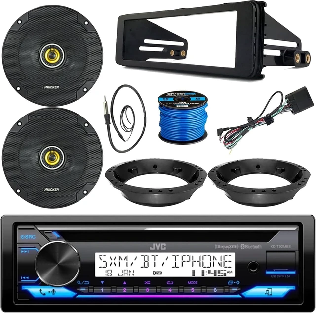 Main image of Single DIN Marine Bluetooth AM/FM CD Stereo Receiver, 2X 6.5 300 Watt Max 2-Way Car Audio Speakers w/Adapters, Stereo Install Kit 1998-2013 Harley Motorcycles, Antenna, Speaker Wire