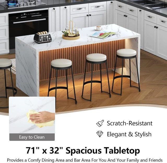 Alt view image 3 of 7 - 71" Large Imitation Marble Dining Table for 6-8 People, with LED Lights