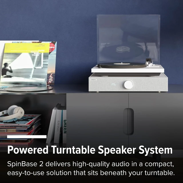 Alt view image 2 of 7 - Spinbase 2 Speaker System Designed for Turntables; Phono Input, BT, Analog and Optical Input, ISOGroove Anti-Feedback, with Remote Control - (White)