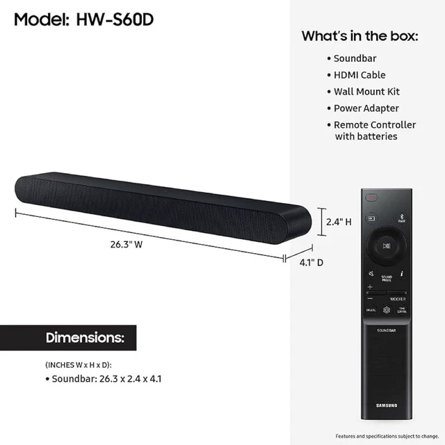 Alt view image 2 of 7 - S60D 5.0ch Soundbar w/Wireless Dolby Atmos Audio, All-in-One Design, Q-Symphony, SpaceFit Sound Pro, Adaptive Sound, Game Mode Pro with Alexa Built-in, HW-S60D/ZA