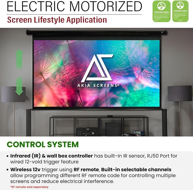 Alt view image 3 of 7 - 125-Inch Motorized Projector Screen, 16:9, Electric Drop Down with Remote, Wall or Ceiling Mount, 4K/8K Ready, AK-MOTORIZE125H2.
