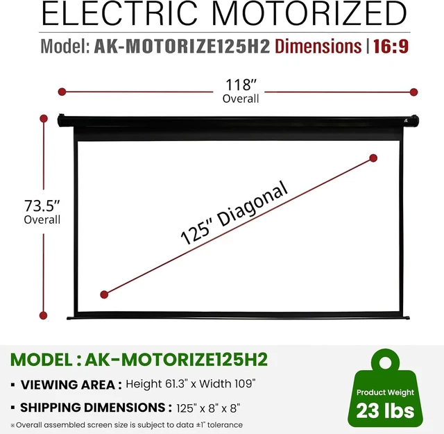 Alt view image 5 of 7 - 125-Inch Motorized Projector Screen, 16:9, Electric Drop Down with Remote, Wall or Ceiling Mount, 4K/8K Ready, AK-MOTORIZE125H2.