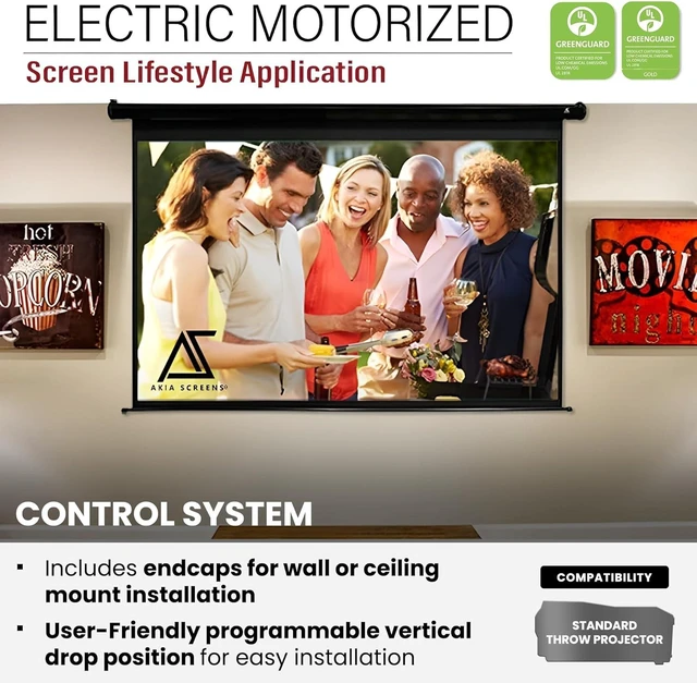 Alt view image 6 of 7 - 125-Inch Motorized Projector Screen, 16:9, Electric Drop Down with Remote, Wall or Ceiling Mount, 4K/8K Ready, AK-MOTORIZE125H2.
