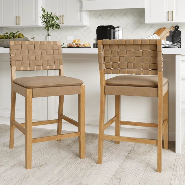 Main image of Cohen Mid-Century Modern Suede Bar Stool, Counter Height Chair in Solid Wood Frame with Footrest and Woven Suede Back for Kitchen, Natural Brown, Set of 2