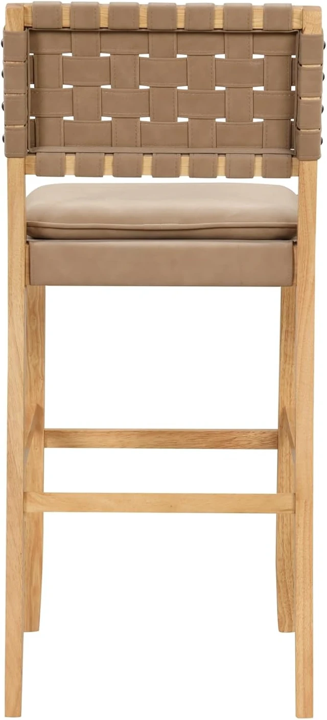 Alt view image 3 of 7 - Cohen Mid-Century Modern Suede Bar Stool, Counter Height Chair in Solid Wood Frame with Footrest and Woven Suede Back for Kitchen, Natural Brown, Set of 2