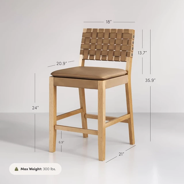 Alt view image 2 of 7 - Cohen Mid-Century Modern Suede Bar Stool, Counter Height Chair in Solid Wood Frame with Footrest and Woven Suede Back for Kitchen, Natural Brown, Set of 2