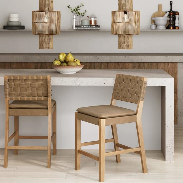 Alt view image 4 of 7 - Cohen Mid-Century Modern Suede Bar Stool, Counter Height Chair in Solid Wood Frame with Footrest and Woven Suede Back for Kitchen, Natural Brown, Set of 2