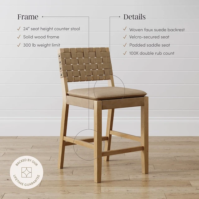 Alt view image 5 of 7 - Cohen Mid-Century Modern Suede Bar Stool, Counter Height Chair in Solid Wood Frame with Footrest and Woven Suede Back for Kitchen, Natural Brown, Set of 2