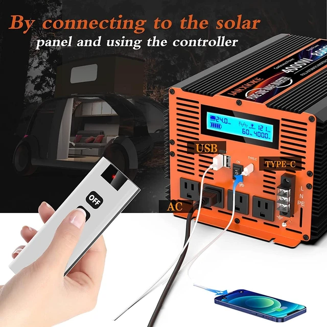 Alt view image 2 of 7 - 4000 Watt Pure Sine Wave Power Inverter 24V DC to 110V 120V Converter for Family RV Off Grid Solar System Car with Type-C Ports 4 AC Power Outlets Dual USB Ports LCD Display and Remote Control