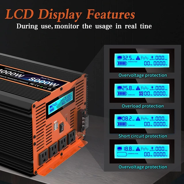 Alt view image 3 of 7 - 4000 Watt Pure Sine Wave Power Inverter 24V DC to 110V 120V Converter for Family RV Off Grid Solar System Car with Type-C Ports 4 AC Power Outlets Dual USB Ports LCD Display and Remote Control