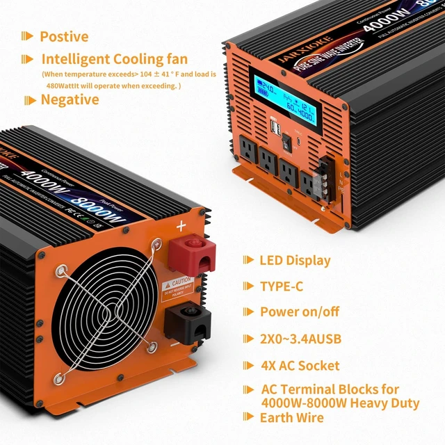 Alt view image 6 of 7 - 4000 Watt Pure Sine Wave Power Inverter 24V DC to 110V 120V Converter for Family RV Off Grid Solar System Car with Type-C Ports 4 AC Power Outlets Dual USB Ports LCD Display and Remote Control