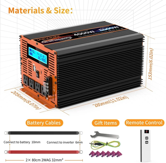 Alt view image 7 of 7 - 4000 Watt Pure Sine Wave Power Inverter 24V DC to 110V 120V Converter for Family RV Off Grid Solar System Car with Type-C Ports 4 AC Power Outlets Dual USB Ports LCD Display and Remote Control