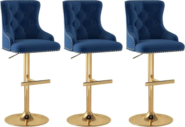 Main image of Velvet Bar Stools Set of 3, Adjustable Height, Gold Metal Base, Blue