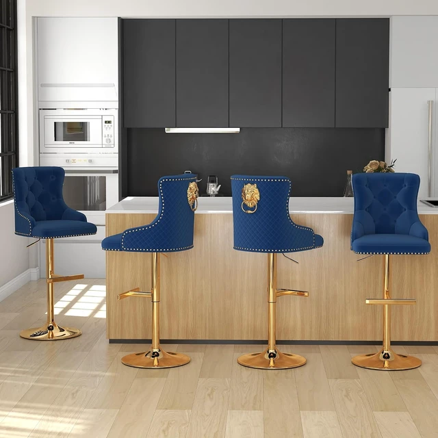 Alt view image 2 of 7 - Velvet Bar Stools Set of 3, Adjustable Height, Gold Metal Base, Blue