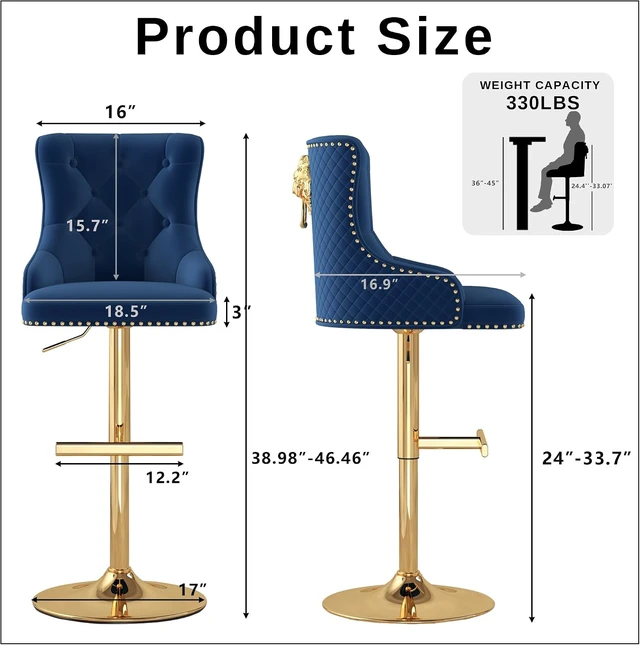 Alt view image 3 of 7 - Velvet Bar Stools Set of 3, Adjustable Height, Gold Metal Base, Blue