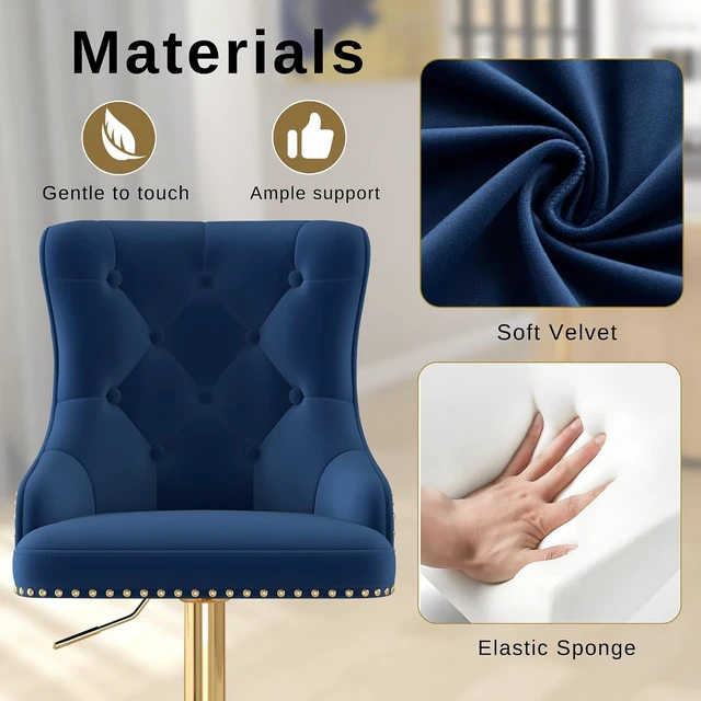 Alt view image 5 of 7 - Velvet Bar Stools Set of 3, Adjustable Height, Gold Metal Base, Blue